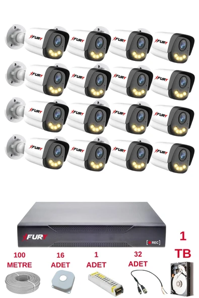 FURY 16 Kameralı 4 Warm Led Gece Renkli Görüş-Cepten İzle-Su Geçirmez Güvenlik Kamerası Seti 1TB ürün görseli 1