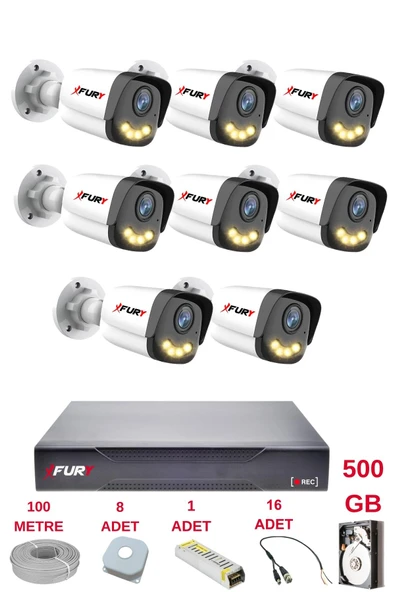 FURY 8 Kameralı 4 Warm Led Gece Renkli Görüş-Cepten İzle-Su Geçirmez Güvenlik Kamerası Seti 500GB ürün görseli 1