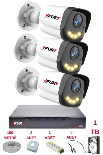 FURY 3 Kameralı 4 Warm Led Gece Renkli Görüş-Cepten İzle-Su Geçirmez Güvenlik Kamerası Seti 1TB ürün görseli 1