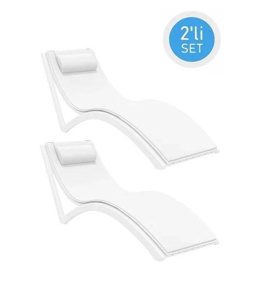 Omnipazar TRK-087 Siesta Minderli Yastıklı Lüks Ergonomik Slim Şezlong Beyaz 2'li Set ürün görseli 1