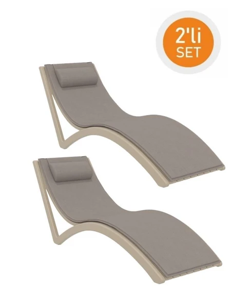 Omnipazar TRK-087 Siesta Minderli Yastıklı Lüks Ergonomik Slim Şezlong Kum Gri 2'li Set ürün görseli 1