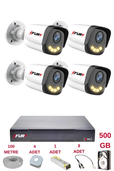 FURY 4 Kameralı 4 Warm Led Gece Renkli Görüş-Cepten İzle-Su Geçirmez Güvenlik Kamerası Seti 500GB ürün görseli 1