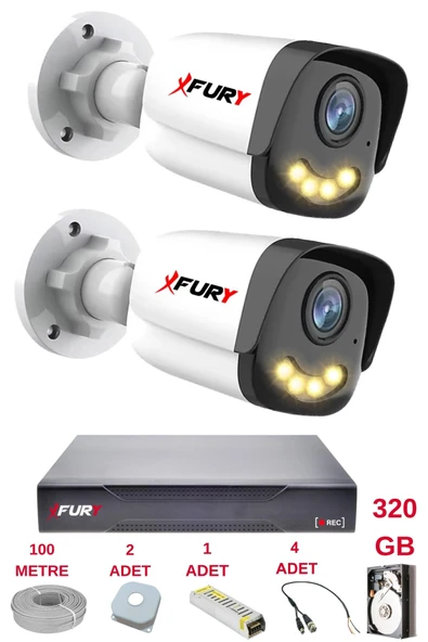 FURY 2 Kameralı 4 Warm Led Gece Renkli Görüş-Cepten İzle-Su Geçirmez Güvenlik Kamerası Seti 320GB ürün görseli 1