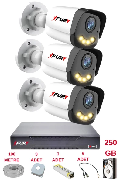 FURY 3 Kameralı 4 Warm Led Gece Renkli Görüş-Cepten İzle-Su Geçirmez Güvenlik Kamerası Seti 250GB ürün görseli 1