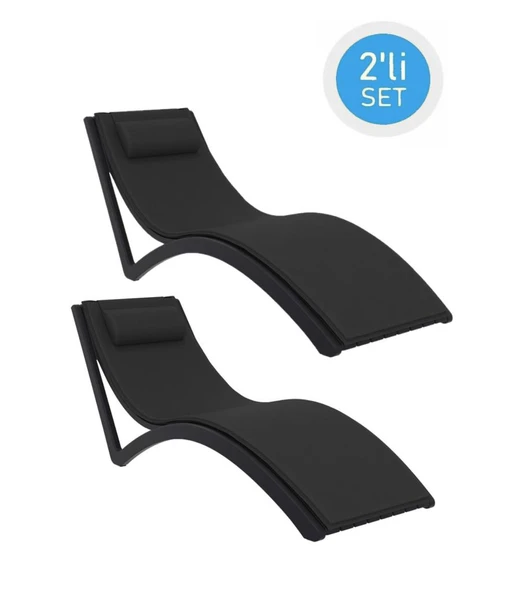 Omnipazar TRK-087 Siesta Minderli Yastıklı Lüks Ergonomik Slim Şezlong Siyah 2'li Set ürün görseli 1