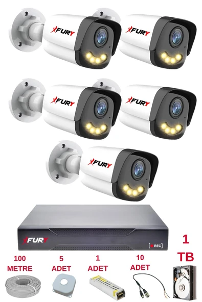 FURY 5 Kameralı 4 Warm Led Gece Renkli Görüş-Cepten İzle-Su Geçirmez Güvenlik Kamerası Seti 1TB ürün görseli 1
