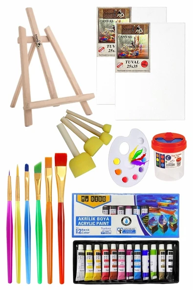 Mini Şövale 25x35 2 li Tuval Mydido 12 Renk Akrilik Boya Başlangıç Seti Fırça Palet Ponpon Su Kabı Masaüstü Sanatsal ürün görseli 1