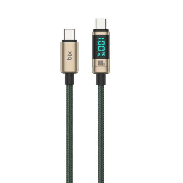 Bix BX09CC Type-C to Type-C 100W 480Mbps E-Marker Çipli LED Dijital Ekranlı Şarj ve Data Kablosu 1 Metre Bronz ürün görseli 1