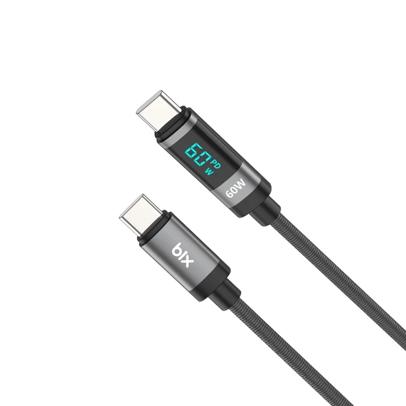 Bix BX06CC Type-C To Type-C 60W Örgülü LED Dijital Ekranlı Şarj ve Data Kablosu 1 Metre ürün görseli 1