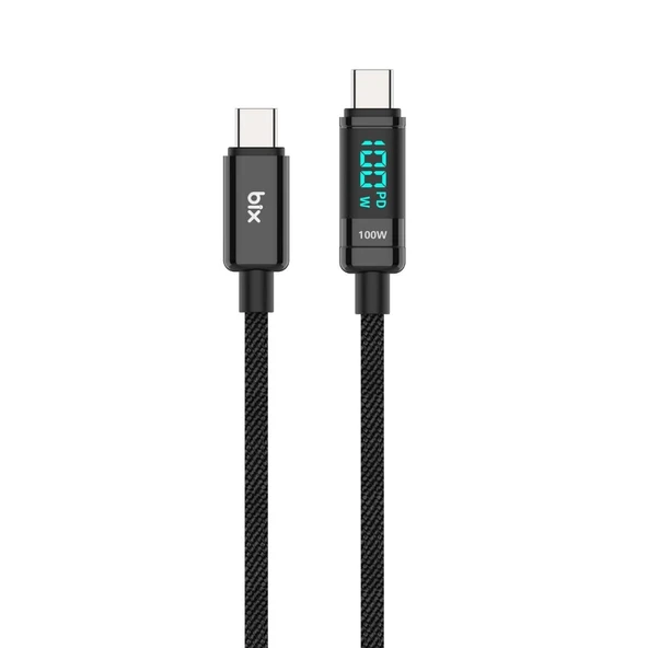Bix BX09CC Type-C to Type-C 100W 480Mbps E-Marker Çipli LED Dijital Ekranlı Şarj ve Data Kablosu 1 Metre Siyah ürün görseli 1