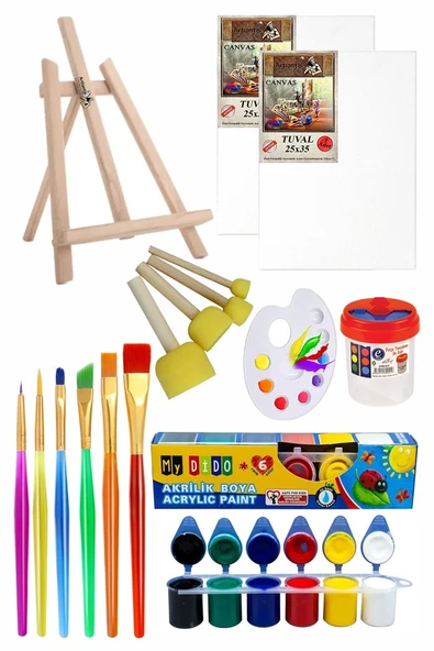 Mini Şövale 25x35 2 li Tuval Mydido 6 Renk Akrilik Boya Başlangıç Seti Fırça Palet Ponpon Su Kabı Masaüstü Sanatsal ürün görseli 1