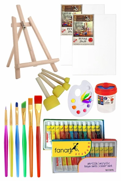 Mini Şövale 25x35 2 li Tuval Fanart 12 Renk Akrilik Boya Başlangıç Seti Fırça Palet Ponpon Su Kabı Masaüstü Sanatsal ürün görseli 1