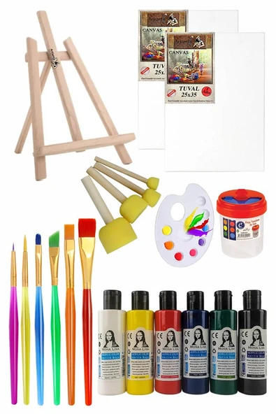 Mini Şövale 25x35 2 li Tuval Monalisa 6 Renk Akrilik Boya Başlangıç Seti Fırça Palet Ponpon Su Kabı Masaüstü Sanatsal ürün görseli 1