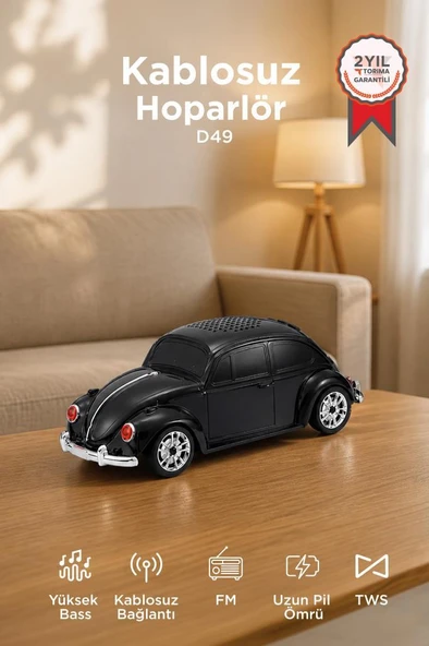 Bluetooth Hoparlör Retro Araba Vosvos USB TF FM Speaker D49 Siyah ürün görseli 1