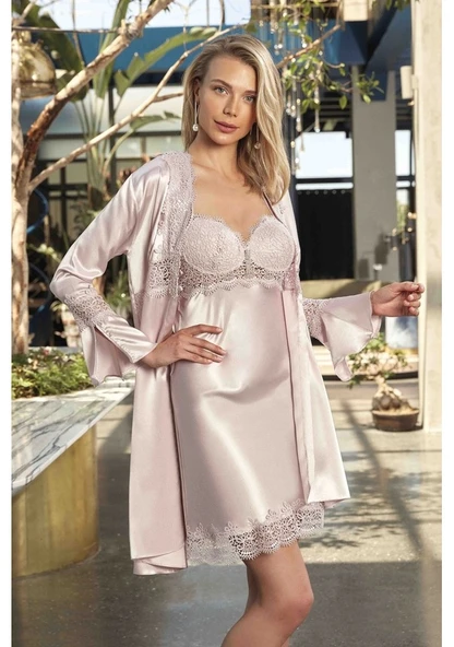 Monalisa Home 7115 Dantel Sabahlıklı Saten Gecelik Takım  S -Pudra ürün görseli 1