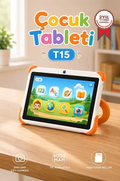 Tablet 4GB 128GB Kılıf Hediyeli Çocuk Tableti T15 Beyaz ürün görseli 1
