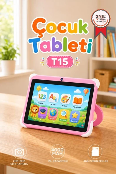 Tablet 4GB 128GB Kılıf Hediyeli Çocuk Tableti T15 Pembe ürün görseli 1