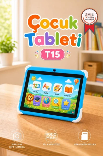 Tablet 4GB 128GB Kılıf Hediyeli Çocuk Tableti T15 Mavi ürün görseli 1