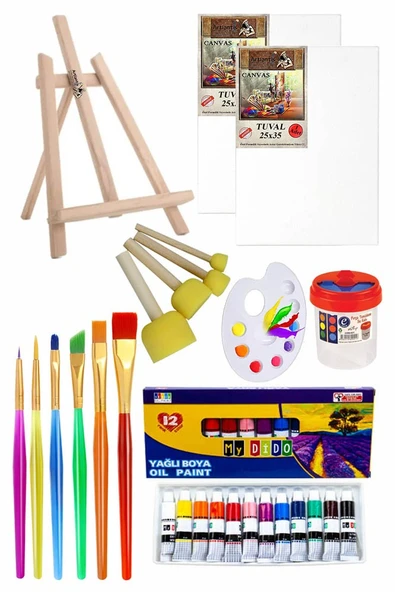 Mini Şövale 25x35 2 li Tuval Mydido 12 Renk Yağlı Boya Başlangıç Seti Fırça Palet Ponpon Su Kabı Masaüstü Sanatsal ürün görseli 1