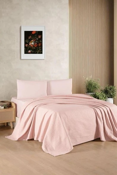 Kristal Bamboo Lastikli Çarşaflı Tek Kişilik Pike Takımı Pudra ürün görseli 1