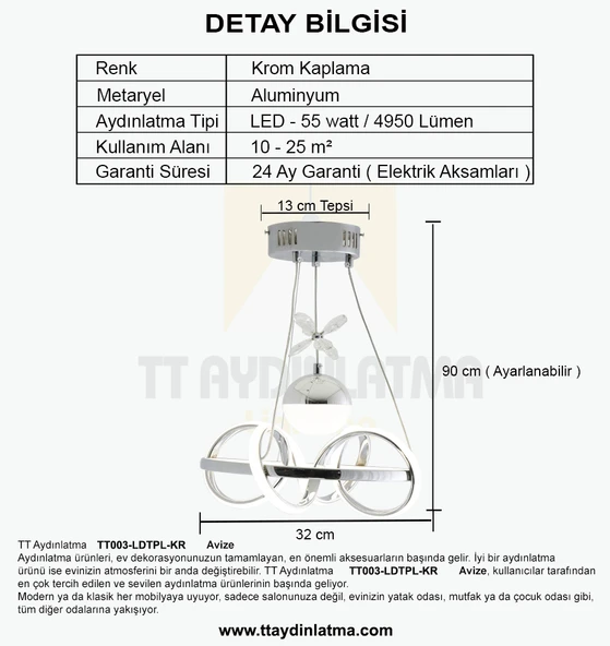 PTTAVM: TT003-LDTPL-KR TT Aydınlatma Sarmal Modeli Krom Kaplama