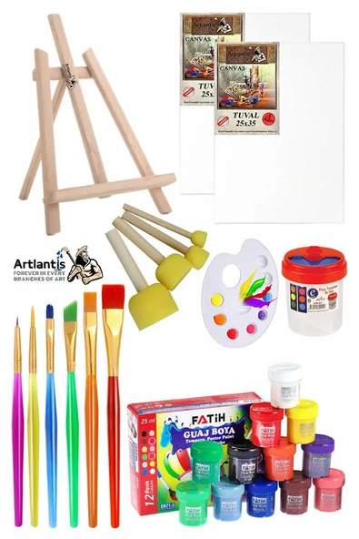 Mini Şövale 25x35 2 li Tuval Fatih 12 Renk Guaj Boya Başlangıç Seti Fırça Palet Ponpon Temizleme Kabı Masaüstü Sanatsal ürün görseli 1
