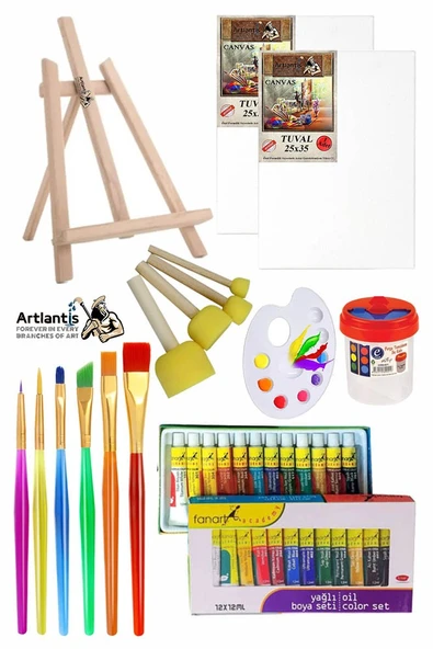 Mini Şövale 25x35 2 li Tuval Fanart 12 Renk Yağlı Boya Başlangıç Seti Fırça Palet Ponpon Su Kabı Masaüstü Sanatsal ürün görseli 1