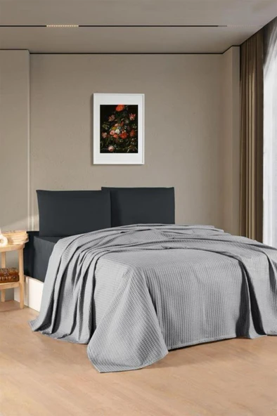 Kristal Bamboo Lastikli Çarşaflı Çift Kişilik Pike Takımı Gri ürün görseli 1