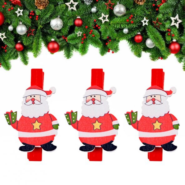 Yılbaşı Hediye Motifli Noel Baba Dekoratif Mandal 6lı ürün görseli 1