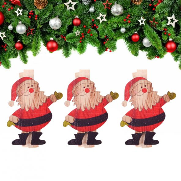 Yılbaşı Ahşap Desenli Noel Baba Dekoratif Mandal 6lı ürün görseli 1