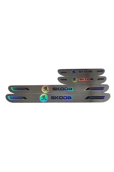 Rukye Shop Skoda Hologram Logolu Araca Özel Marka Logolu Aynalı Kapı Eşiği Koruyucu Yapıştırma 4'lü Set ürün görseli 1
