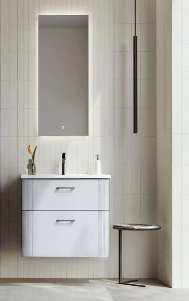 Orka Bari 65 cm Beyaz Banyo Dolabı Takımı (Ledli Ayna) ürün görseli 1