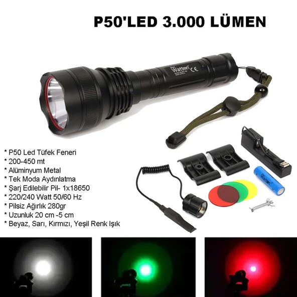 Profesyonel P50'Led 3.000 Lümen  Şarjlı Av Feneri Watton Wt-150 ürün görseli 1