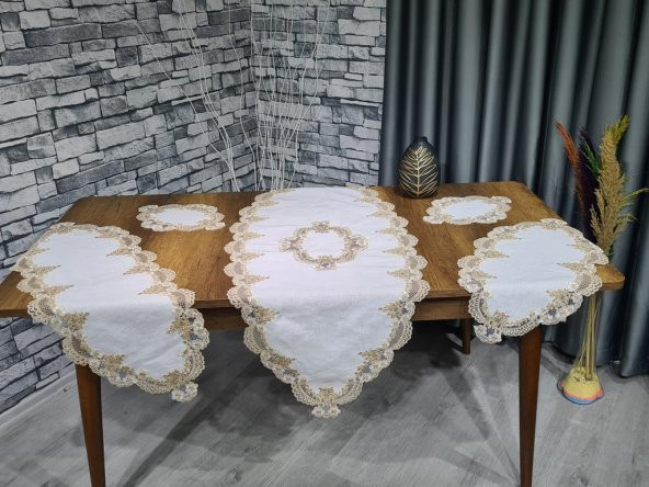 Çeyiz Diyarı Safir 5 Parça Keten Salon Takımı Krem Kahve ürün görseli 1