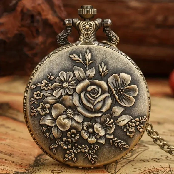 Valkyrie Zarif Kabartma Çiçek Desenli Vintage Bronz Cep Saati - Kolye Köstekli Retro Hediye ürün görseli 1