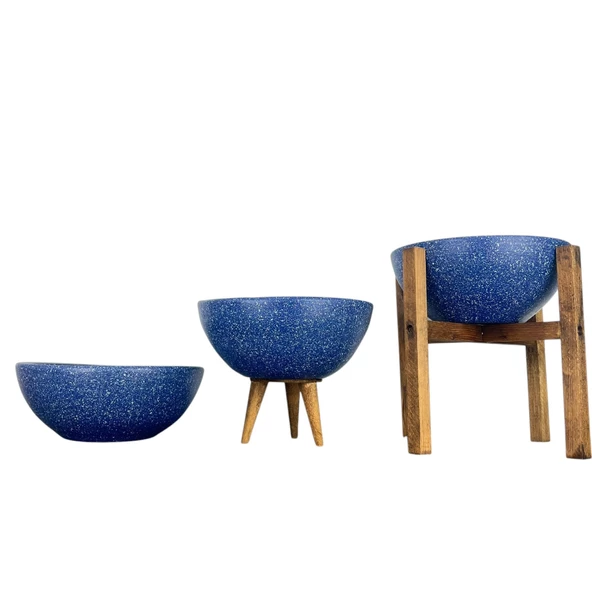 LACİVERT GRANİT BOYALI ARANJMAN-SUNUMLUK TOPRAK SAKSI-ÜÇLÜ SET-20 CM ÇAP ürün görseli 1