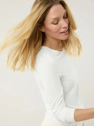 Kırık Beyaz Uzun Kollu Kadın Basic T-shirt - Resim 4