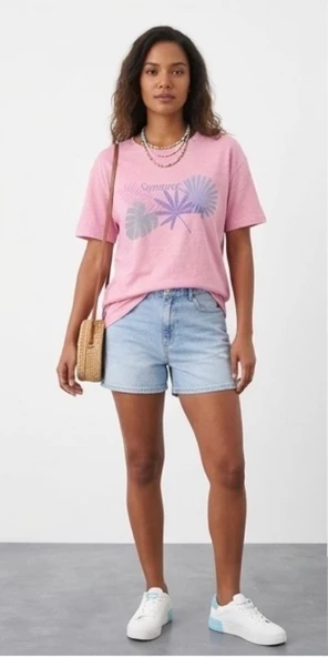 Pembe Kadın Çiçek Baskılı T-shirt - Resim 5