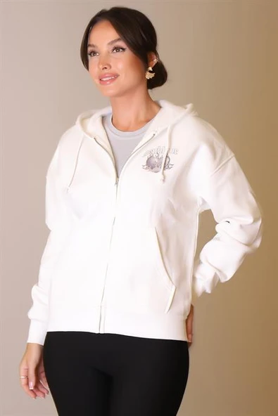 UZUN KOLLU KAPÜŞONLU EKRU KADIN SWEATSHİRT  W0011238-2K5 ürün görseli 1