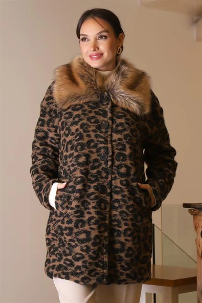 KÜRK YAKALI LEOPAR KADIN MONT 5659-2K5 ürün görseli 1