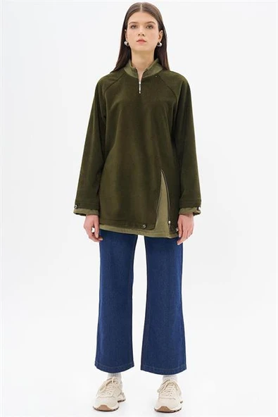 Fermuar Detaylı Peluş Haki Kadın Sweatshirt  31042-2K5 ürün görseli 1