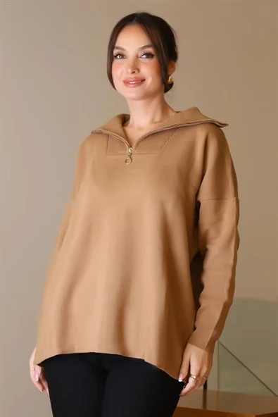 GENİŞ YAKA FERMUARLI CAMEL TRİKO KADIN KAZAK 6078-2K5 ürün görseli 1