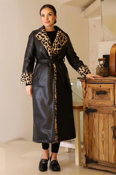 LEOPAR DESENLİ KEMERLİ SİYAH KADIN KABAN 6980-2K5 ürün görseli 1