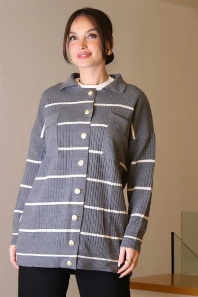 POLO YAKA DÜĞMELİ GRİ KADIN HIRKA 5224-2K5 ürün görseli 1