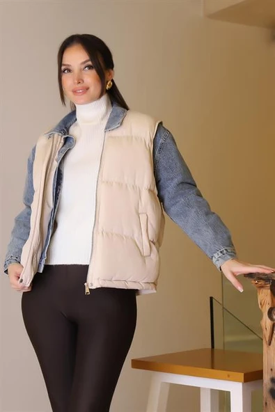 YELEK DETAYLI LACİ KADIN KOT MONT  D99423-2K5 - Resim 4