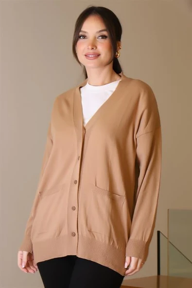 CEPLİ UZUN KOLLU CAMEL KADIN HIRKA  5480-2K5 ürün görseli 1