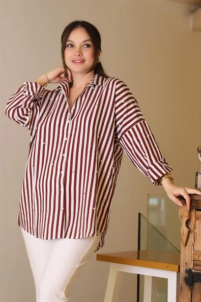BORDO ÇİZGİLİ TAŞLI KADIN GÖMLEK  4735-2Y5 ürün görseli 1