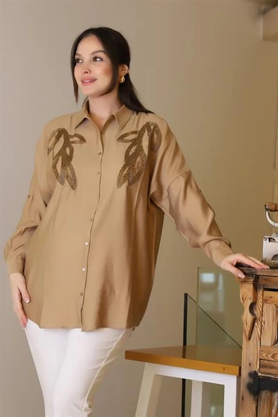 CAMEL UZUN BONCUK İŞLEMELİ KADIN GÖMLEK  4505-2Y5 ürün görseli 1
