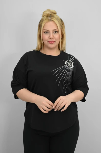 Kadın Büyük Beden Kısa Kollu Taş ve İnci Baskı Detaylı Oversize T-shirt 1925-25 ürün görseli 1