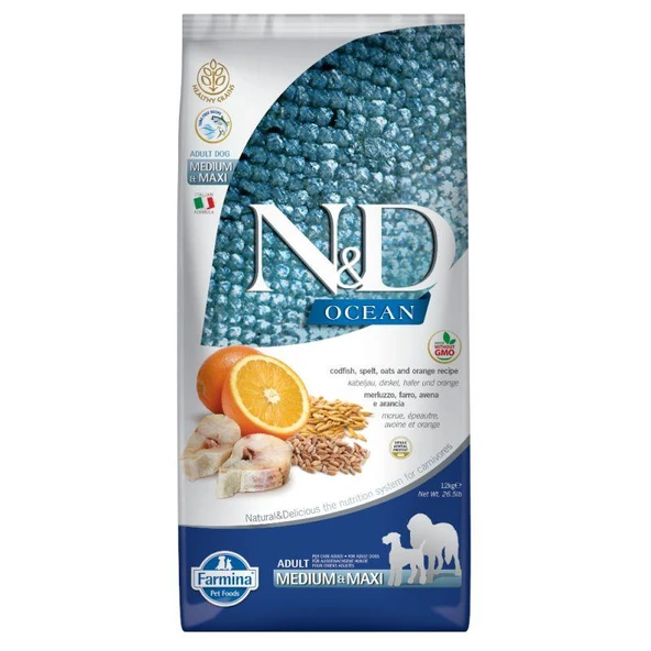 ND Az Tahıllı Balıklı Portakallı Medium Maxi Köpek Maması 12 Kg ürün görseli 1
